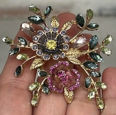 VTG Napier Flower Brooch Gold Tone Enamel Green Pink Purple Rhinestones