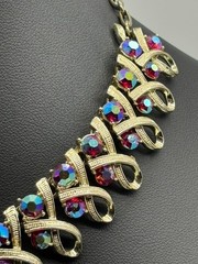 Vintage Mid Century Necklace Ribbon Link Design Gold Tone AB Rhinestone Unsigned