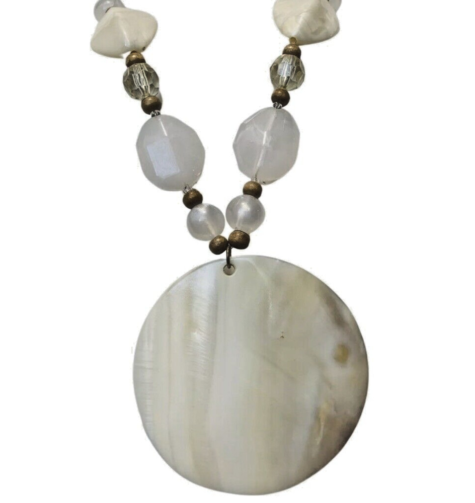 White Shell Necklace Large Pendant Statement 19″ Icy Glass Beaded Bohemian