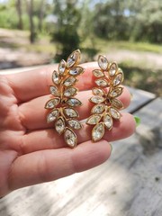 Vintage Kenneth Jay Lane KJL Goldtone Crystal Leaf Rhinestone Clip on Earrings