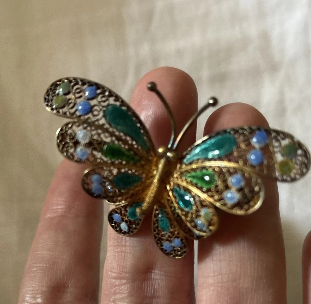 Antique 800 Silver German Ornate Filigree Multi Color Green Enamel Butterfly Pin