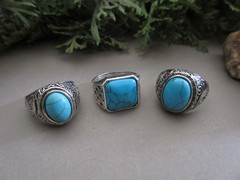 Mens Silver Tone & Turquoise Chunky Fashion Rings Large Assorted Sizes Lot of 3