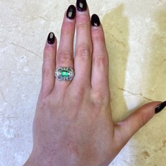 Antique Green Emerald & Lab Created Diamond Three-Stone Wedding 925 Silver Ring