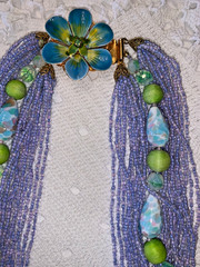 ORIGINAL by ROBERT Mauve MULTI-STRAND Beaded NECKLACE & EARS w/ENAMELED FLOWERS
