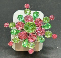 VINTAGE CORO PINK AND GREEN RHINESTONE BROOCH SILVER TONE SNOWFLAKE SHAPE SIGNED