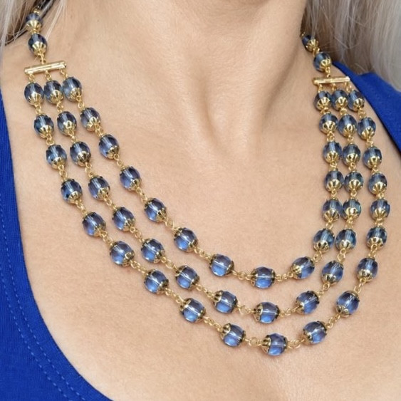Blue Glass Necklace 21” Glass Czech Old Beads Art Deco Style Women`s Jewelry