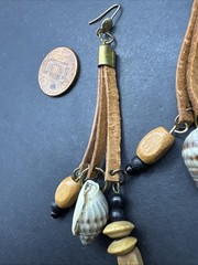 Vintage Brown Boho 3” Earrings Shell Wood Leather Earrings