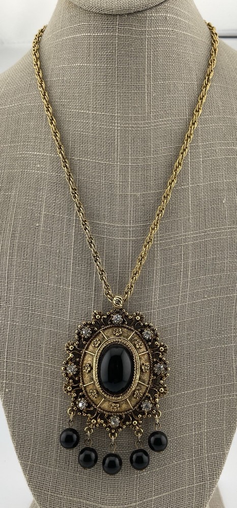 Celebrity Gems Pendant Necklace Victorian Etruscan Revival Ornate Gold Tone