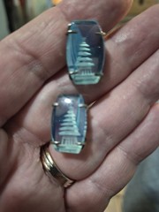 Japan Fine Silver Cufflinks Pagoda Reverse Carved Opaline Glass