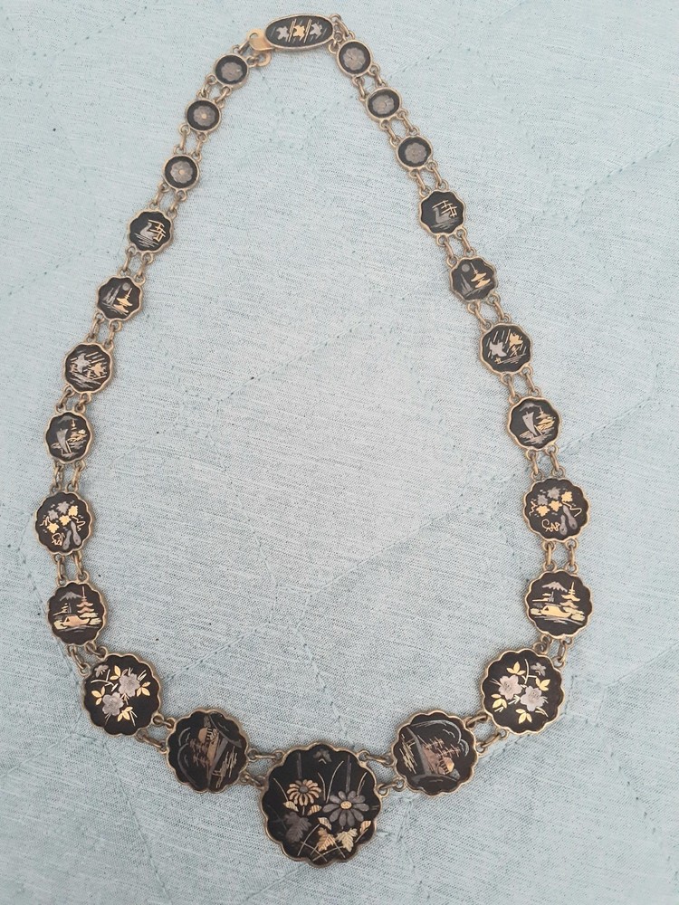 Vintage Amita Japanese Damascene Choker Necklace Gold inlay 17”