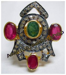 VICTORIAN STYLE ANTIQUE ROSE CUT DIAMOND 0.80ct SILVER EMERALD RUBY WEDDING RING