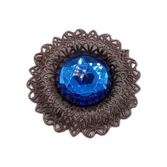Vintage Filigree Brooch Large Blue Glass Stone Antique Silvef Tone 2 1/2 in D