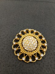HUGE 1980 gold-tone pave clear crystals open metal work round clip-on earrings