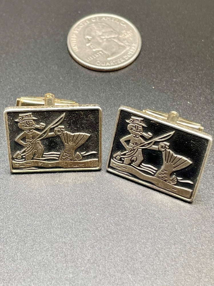 Vintage Fisherman Large Fish Scene Black Enamel Cufflinks Gold Tone Fishing