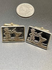 Vintage Fisherman Large Fish Scene Black Enamel Cufflinks Gold Tone Fishing