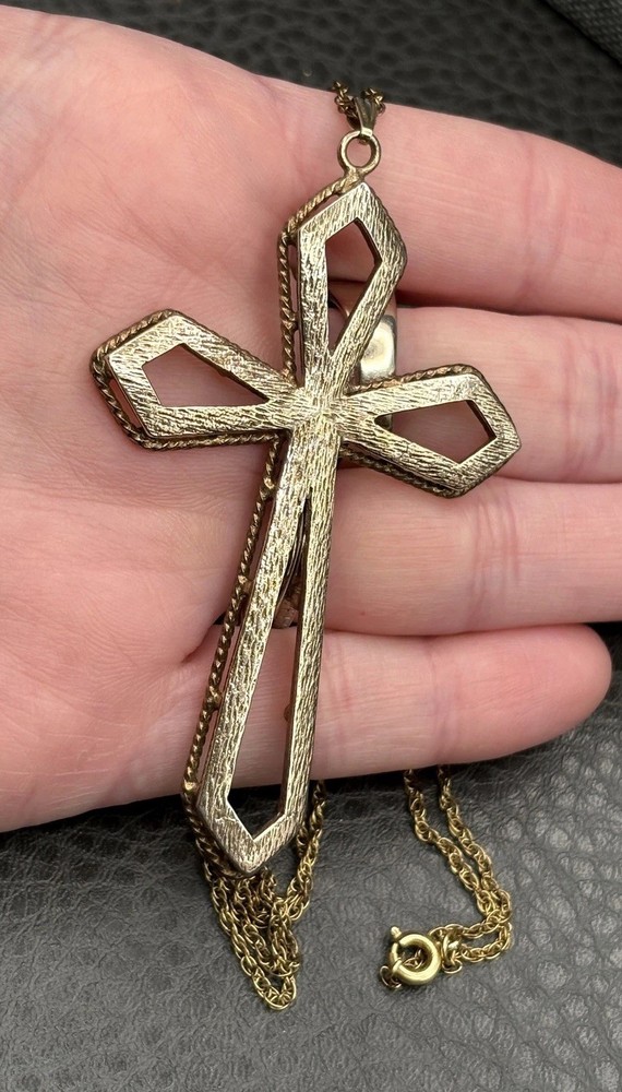 HUGE Vermeil Sterling Silver Cross Pendant And Gold Filled Chain Necklace 28”