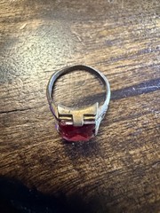 Pretty Vintage Art Deco Red Glass Ring with Detailed Buckle Band, Size 5.5