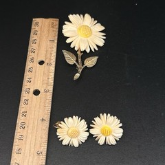 Vtg Accessocraft Plastic Celluloid Carved Daisy Brooch And Screw On Earrings Set