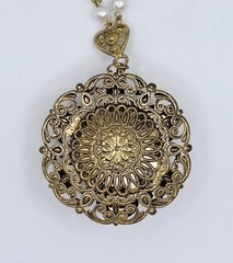 Vtg West Germany Filigree Pendant Necklace Pink Faux Opal Rhinestone Pearl