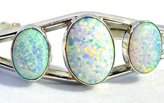 Vintage Sterling Native American Signed Carlos Faux Opal Cuff Bracelet 2 3/8″