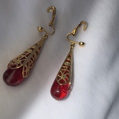 Avon Vintage Clip-On Red Lucite Drop Goldtone Filigree Dangly
