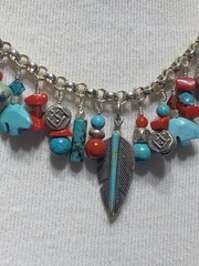 VINTAGE SOUTHWEST TURQUOISE & RED CORAL STERLING SILVER FEATHER CHARM NECKLACE
