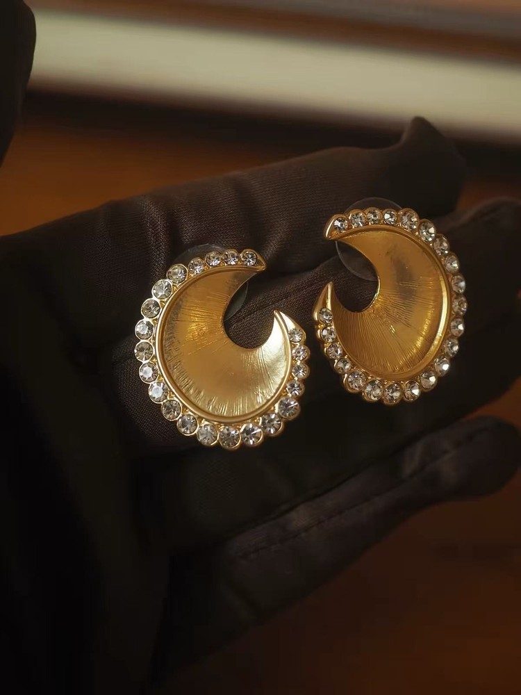 Gold Crystal Crescent Clip On Earrings Mid Century Statement Jewelry
