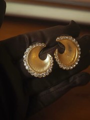 Gold Crystal Crescent Clip On Earrings Mid Century Statement Jewelry