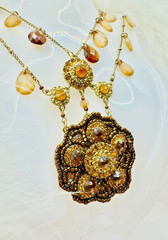 VTG! “Liz Clayborne’s Amber Crystals & Beads Victorian Style Necklace + Earrings