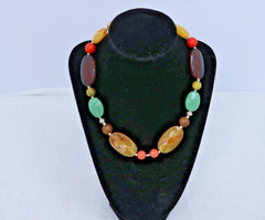 Multicolor Beaded Statement Necklace Chunky Acrylic Resin Boho Earth Tone Adjust