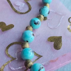 Vintage Lampwork Aqua Blue Glass Bead Necklace Textured Brass Spacers Art Glass