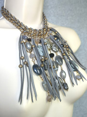 Vtg Erica Lyons Choker Necklace Thick Gold Chain Lg Leather Stone Drops Festival