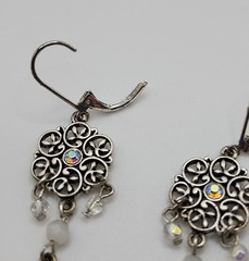 N A Clear Rhinestone & Bead Silver Tone Floral Dangle Earrings