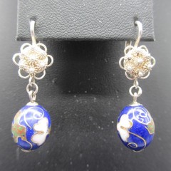 Vintage Cloisonne Necklace Earrings Leverback Signed Silver Tone 27 Inch