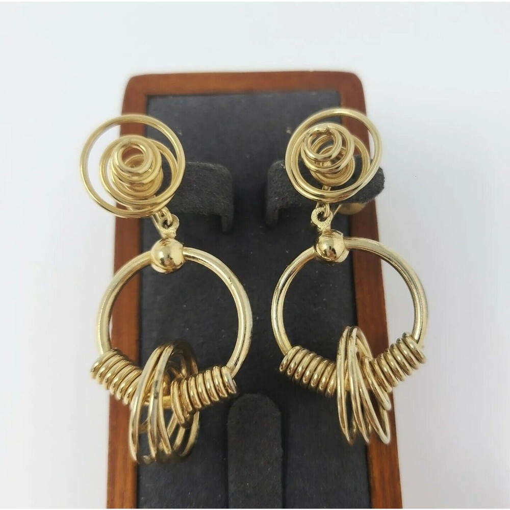 Vintage Coro Goldtone Unique Hoop Dangle Wire Orbs Spring Screw Back Earrings