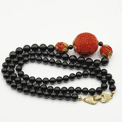 Asian Chinese Inspired Red Carved Cinnabar Black Onyx Bead Beaded Necklace 33 In