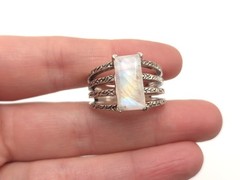 Vintage Sterling Silver 925 Rectangle Moonstone Textured Split Band Ring sz 9