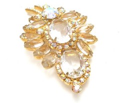 D & E Juliana Leaf Brooch & Earrings Set with Clear & Ab Rhinestone Vintage Pin