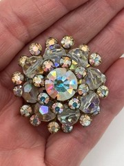 Vintage Domed Crystal Aurora Borealis Starburst Brooch Open Back Frame, Unsigned