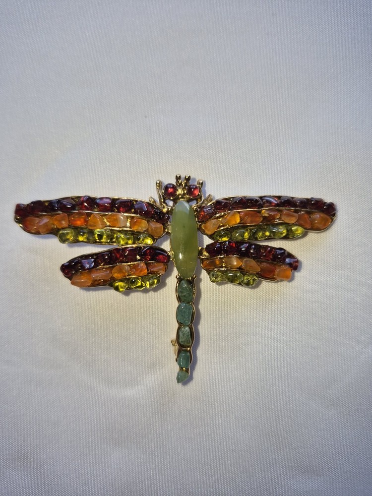 Vintage SWOBODA Multi Gemstone Dragonfly Brooch Pin Ruby Jade Garnet Peridot