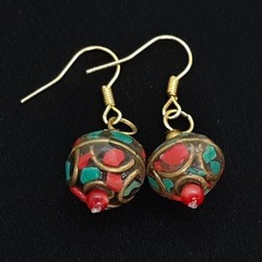 Vintage 2.90ctw Turquoise & Carnelian 14K Yellow Gold Silver Earrings 6g