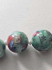 Vintage Chinese Hand Painted Porcelain Bird & Lotus Bead Necklace Silver Clasp