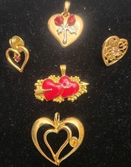 Vintage Heart Pendant / Pin Lot Mixed Materials And Styles Red Gold-tone
