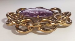 Large Vintage Brooch: Mottled Red-Purple Glass Stone in Interlocked Brass Rings