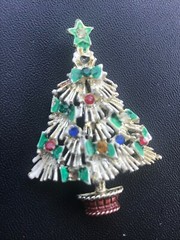 Vintage Unusual White Enamel w Green Bows & Red Yellow & Blue Rhinestones Christ