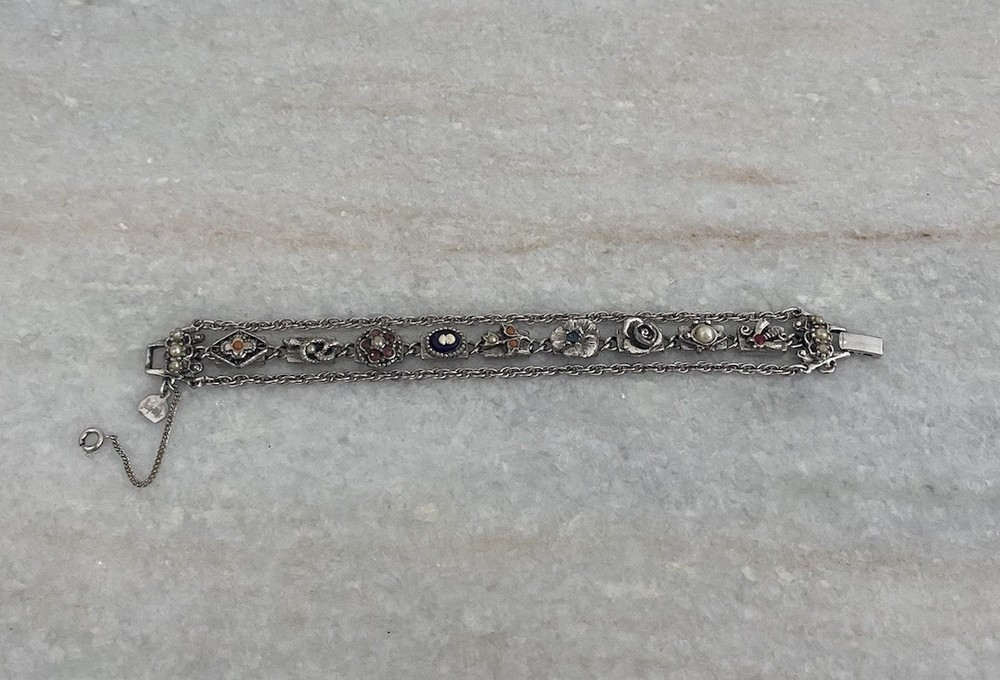 Vintage Judy Lee Silver Triple Link Victorian Revival Bracelet Cameo Rhinestone