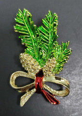 Enamel Pine Cone Fir Branch Bow Holiday Christmas Pin Brooch Gerrys Goldtone 2″