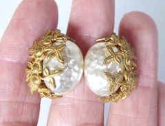 Miriam Haskell Earrings Baroque Faux Pearl Gilded Floral Clip-On Vintage 2400513