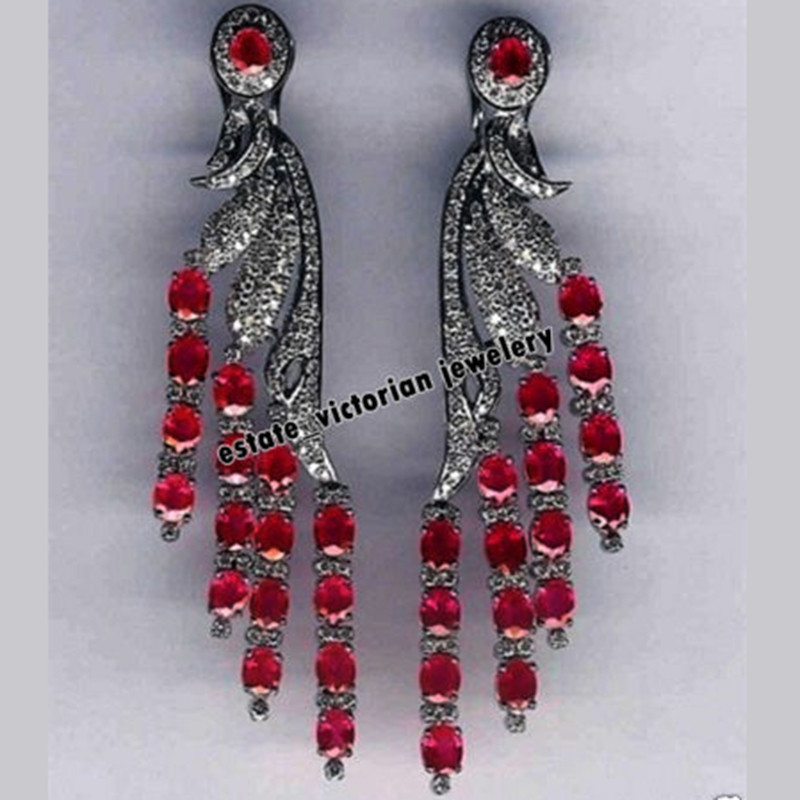 Stunning 2.90Ctw Rose Cut Diamond Ruby Studded Silver Victorian Earring Jewelry