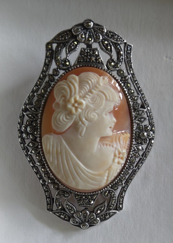 Sterling Silver Marcasite Cameo Brooch Pendant Hand Carved 9252
